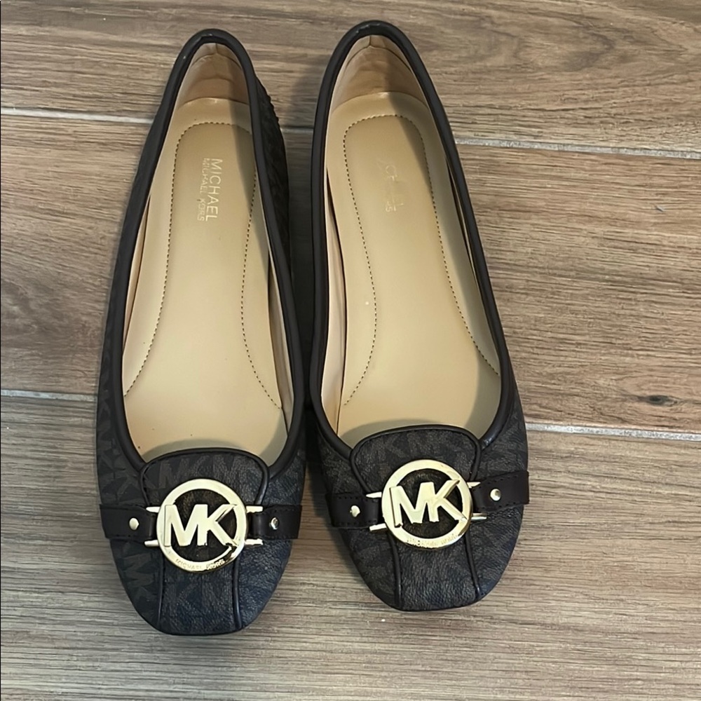 Michael Kors Brown and Black logo Flats with Gold Logo
